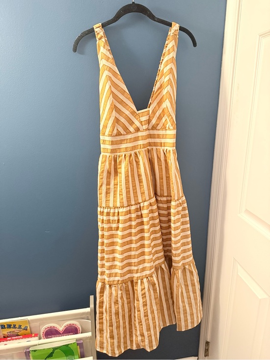 Dresses & Skirts - Yellow and White Striped V-Neck Tiered Midi Dress